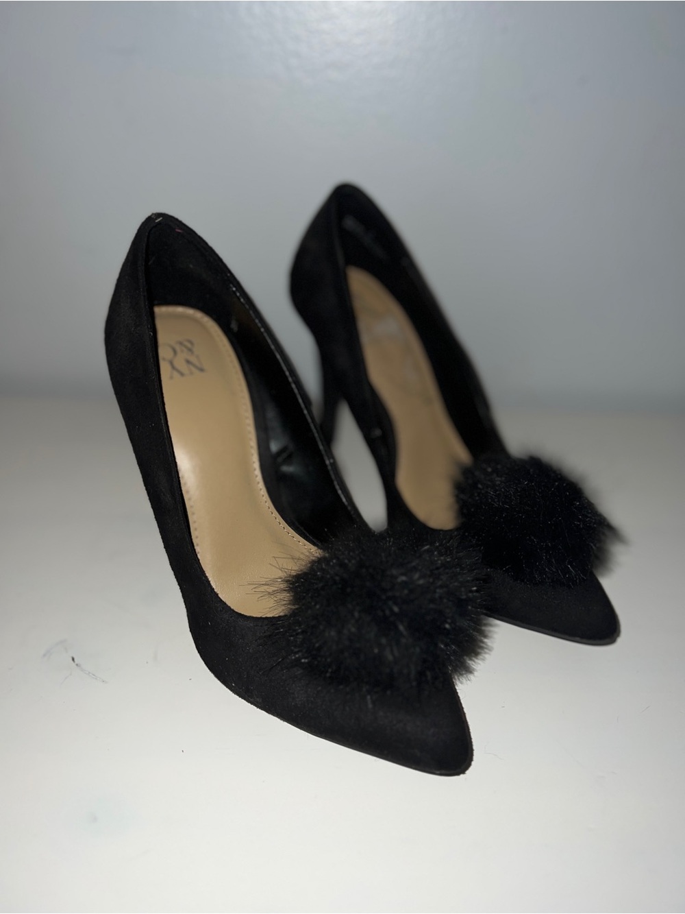 New York & Company Black Pom-Pom Suede Pointed Pumps